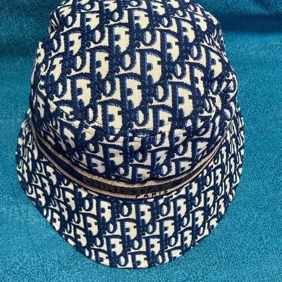Dior Navy and White Monogram Bucket Hat with Branded Band - Picture 2 of 5
